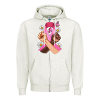 Oatmeal Heather Breast Cancer Fist Daisy Butterfly Zipper Hoodie - Artiststas