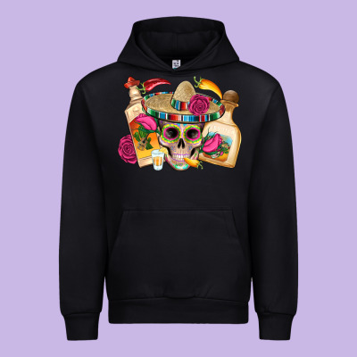 Mexican Skull Sombrero Tequila Bottle Paper Roses Urban Hoodie Designed By Artiststas
