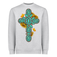 Heather Grey gemstone cross with sunflowers and butterflies Heavyweight Sweatshirt - texasbilliewilder