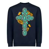 Navy gemstone cross with sunflowers and butterflies Heavyweight Sweatshirt - texasbilliewilder