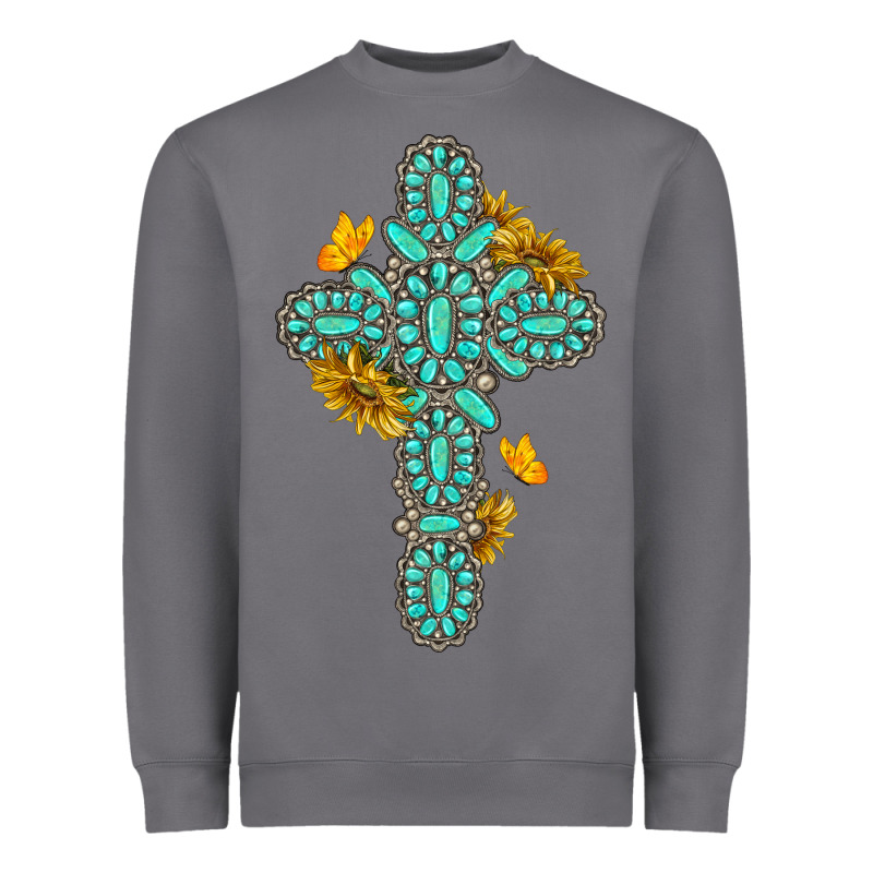 Gemstone Cross With Sunflowers And Butterflies Heavyweight Sweatshirt by texasbilliewilder | Teevron