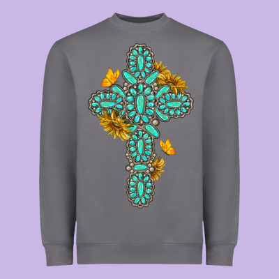 Heavyweight Sweatshirt gemstone cross with sunflowers and butterflies