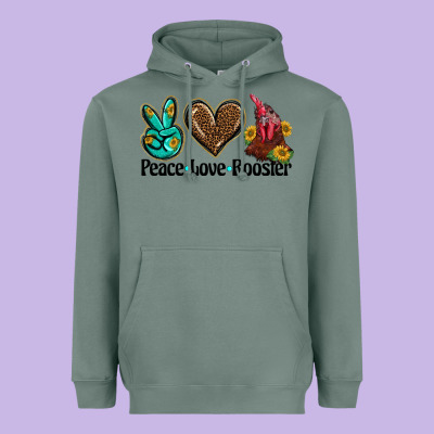 Peace Love Rooster Heavyweight Hoodie Designed By Barkaloodesign