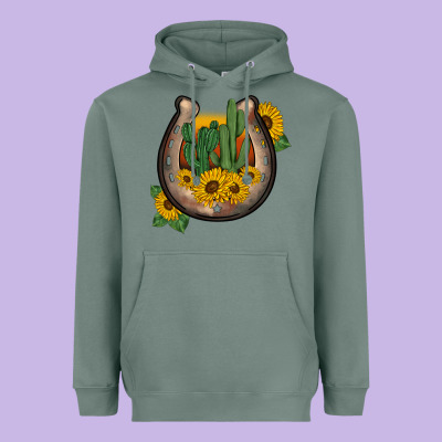 Western Horseshoe Sunflower Cactus Heavyweight Hoodie Designed By Barkaloodesign