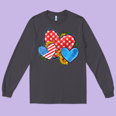 Usa Flag Hearts With Sunflower Long Sleeve Tee Designed By Hra Design Shop