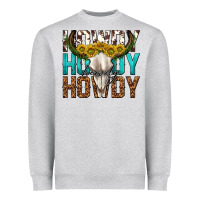 Heather Grey howdy howdy howdy western bull skull Heavyweight Sweatshirt - texasbilliewilder