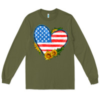 Army Green usa flag heart with sunflower Long Sleeve Tee - HRA Design Shop