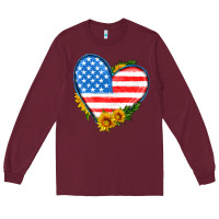 Usa Flag Heart With Sunflower Long Sleeve Tee | Teevron