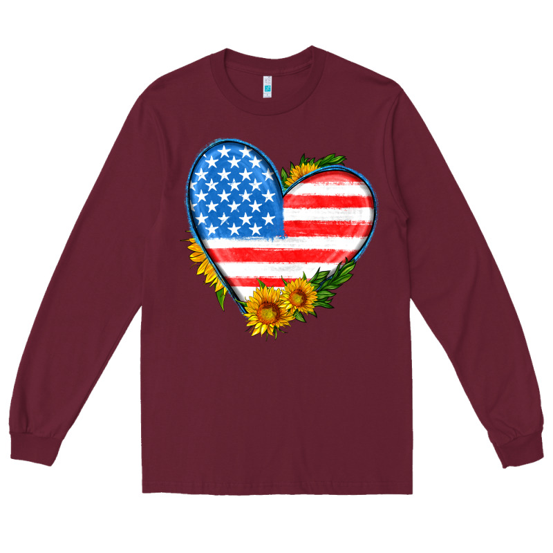 Usa Flag Heart With Sunflower Long Sleeve Tee by HRA Design Shop | Teevron