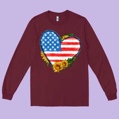 Usa Flag Heart With Sunflower Long Sleeve Tee Designed By Hra Design Shop
