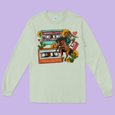 Rodeo Sunflower Cactus Cassette Long Sleeve Tee Designed By Fadigitalartstudio