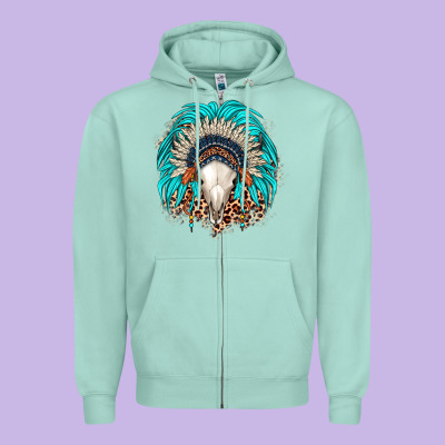 Bull Skull Indian Headdress Zipper Hoodie Designed By Jahusdesignshop