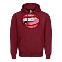 Burgundy Lips Dental Braces Zipper Hoodie - Artiststas