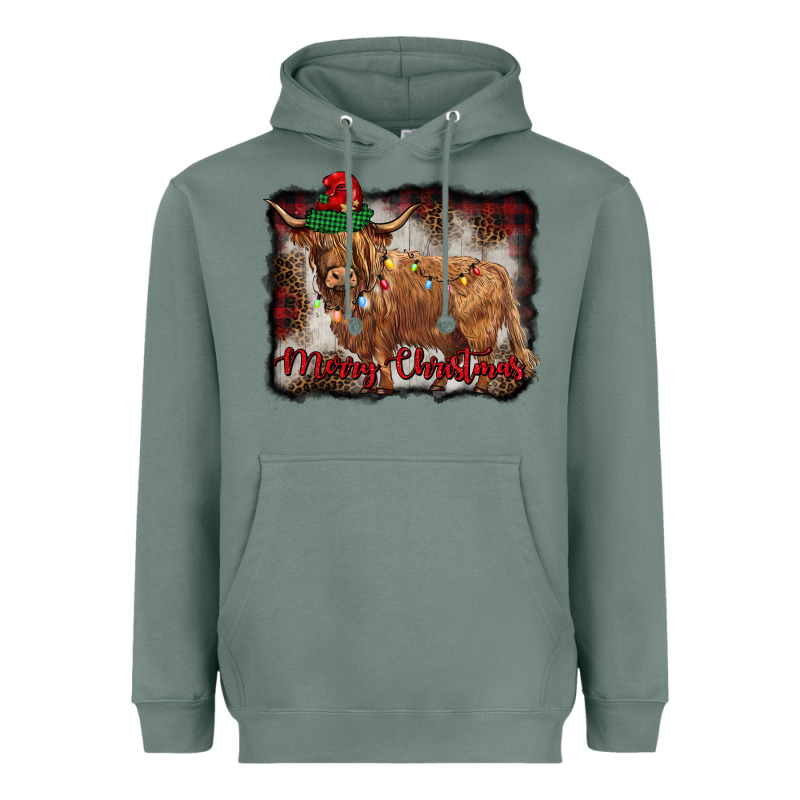 Merry Christmas Highland Cow Heavyweight Hoodie by BarkalooDesign | Teevron