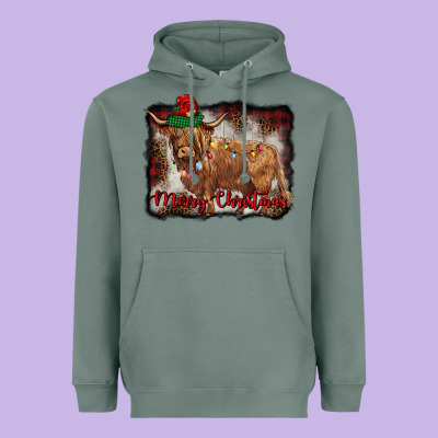 Merry Christmas Highland Cow Heavyweight Hoodie Designed By Barkaloodesign