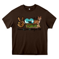 Chocolate Brown Peace Love Bengal Cat Heavy Core Tee - LillyAllenDesigns