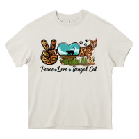 Cream Peace Love Bengal Cat Heavy Core Tee - LillyAllenDesigns