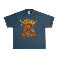 Midnight Navy highland cow with sunflower and gemstone Urban Heavy Tee - RanaPortraitStore