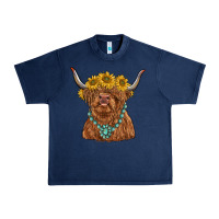 Navy highland cow with sunflower and gemstone Urban Heavy Tee - RanaPortraitStore