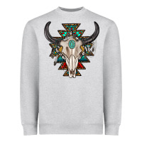 Heather Grey western aztec bull skull with gemstone Heavyweight Sweatshirt - texasbilliewilder