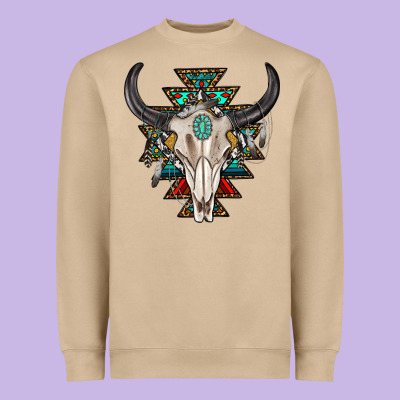 Heavyweight Sweatshirt western aztec bull skull with gemstone