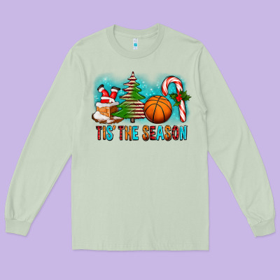Tis The Season Christmas With Basketball And Candy Cane Long Sleeve Tee Designed By Fadigitalartstudio