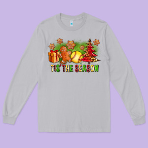 Tis The Season Christmas With Softball And Gingerbread Man Long Sleeve Tee Designed By Fadigitalartstudio