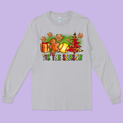 Tis The Season Christmas With Softball And Gingerbread Man Long Sleeve Tee Designed By Fadigitalartstudio