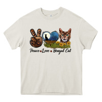 Cream Peace Love Bengal Cat Head Heavy Core Tee - LillyAllenDesigns