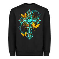 Black cross with heart shaped gemstone and butterfly Heavyweight Sweatshirt - texasbilliewilder