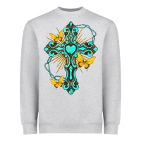 Heather Grey cross with heart shaped gemstone and butterfly Heavyweight Sweatshirt - texasbilliewilder