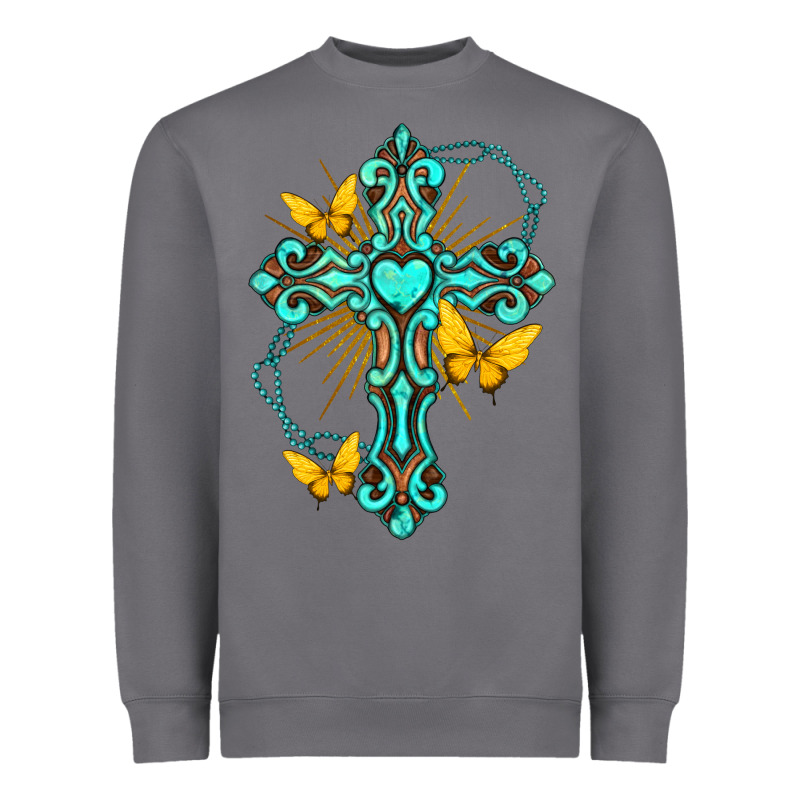 Cross With Heart Shaped Gemstone And Butterfly Heavyweight Sweatshirt by texasbilliewilder | Teevron