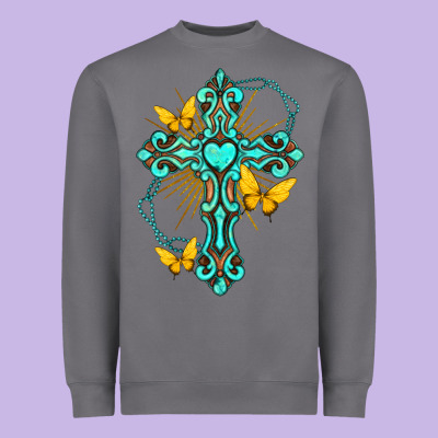 Heavyweight Sweatshirt cross with heart shaped gemstone and butterfly
