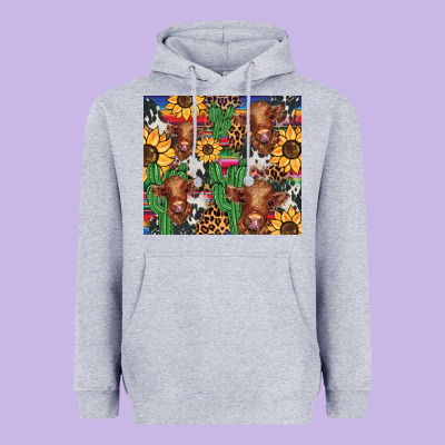 Western Cactus Sunflower Highlands Cow Heavyweight Hoodie Designed By Barkaloodesign