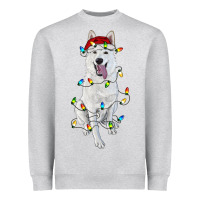 Heather Grey Christmas White Shepherd With Christmas Lights Heavyweight Sweatshirt - RanaPortraitStore