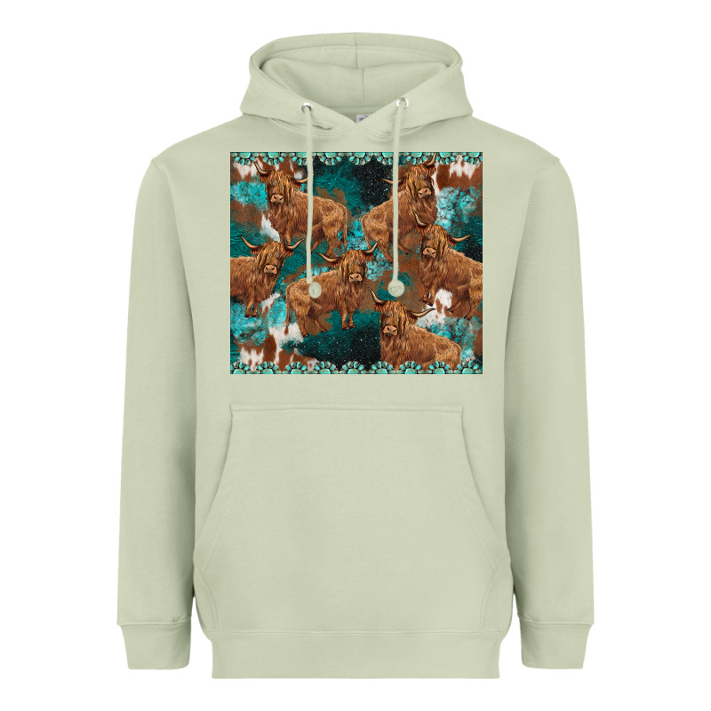 Turquoises Gemstones Cowhide Highlands Cow Heavyweight Hoodie by BarkalooDesign | Teevron