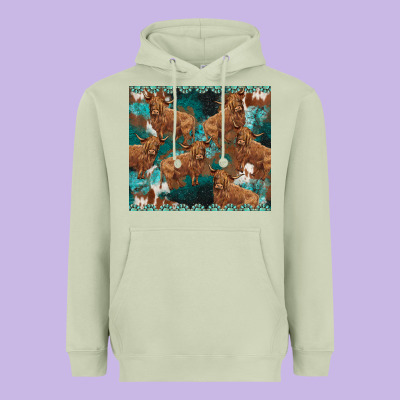 Turquoises Gemstones Cowhide Highlands Cow Heavyweight Hoodie Designed By Barkaloodesign