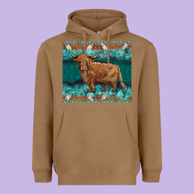 Turquoises Gemstones Cowhide Highland Cow Heavyweight Hoodie Designed By Barkaloodesign