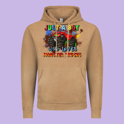 Just A Boy Who Loves Monster Trucks Vintage Hoodie Designed By Jahusdesignshop