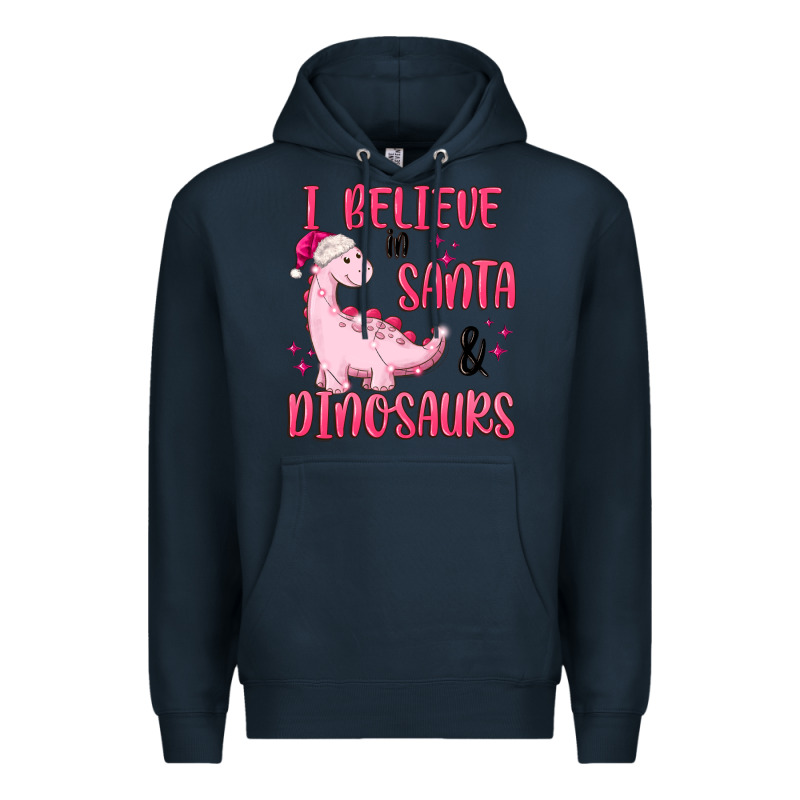 I Believe In Santa & Dinosaurs Pink Premium Hoodie by MaliasSmallBusiness | Teevron