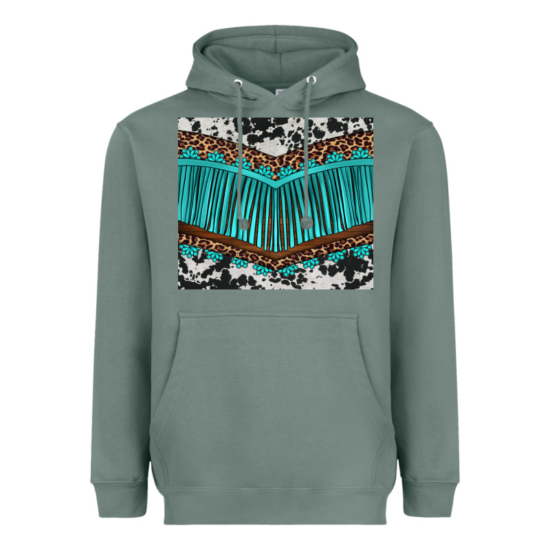 Western Cowhide Leopard Turquoise Fringed Heavyweight Hoodie by BarkalooDesign | Teevron