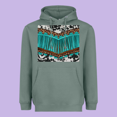 Western Cowhide Leopard Turquoise Fringed Heavyweight Hoodie Designed By Barkaloodesign
