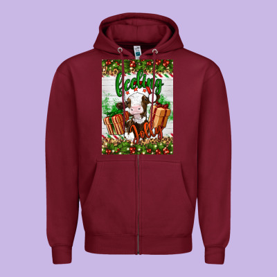 Christmas Feeling Jolly Cow Zipper Hoodie Designed By Artiststas