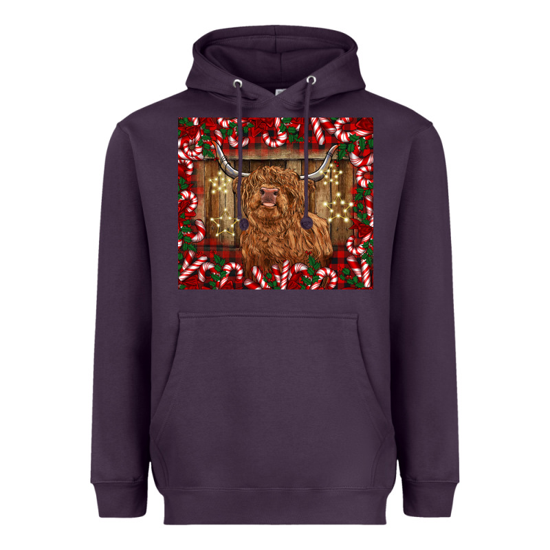 Christmas Highland Cow With Candy Canes Heavyweight Hoodie by BarkalooDesign | Teevron