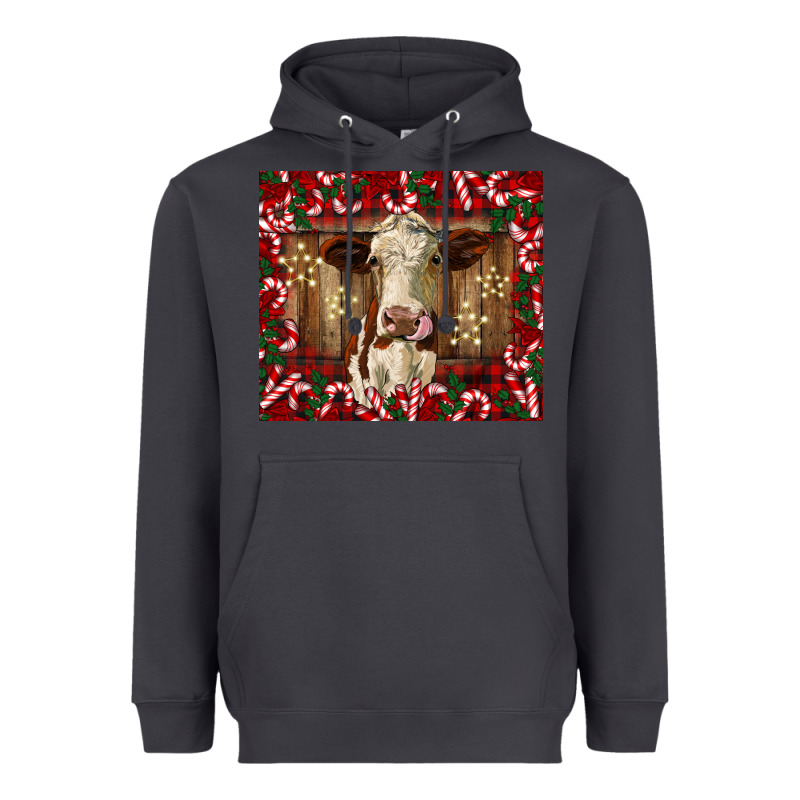 Christmas Heifer With Candy Canes Heavyweight Hoodie by BarkalooDesign | Teevron