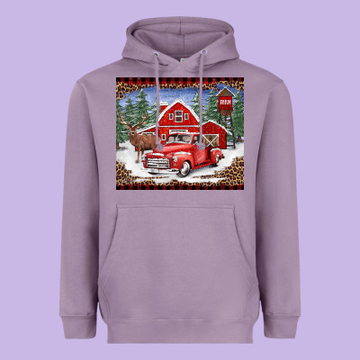Christmas Farm Reindeer And Truck Heavyweight Hoodie Designed By Barkaloodesign