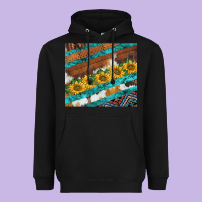 Western Aztec Sunflowers Turquoise Cowhide Heavyweight Hoodie Designed By Barkaloodesign