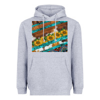 Heather Grey western aztec sunflowers turquoise cowhide Heavyweight Hoodie - BarkalooDesign