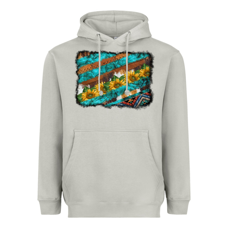 Western Aztec Sunflowers Turquoise Cowhide Background Heavyweight Hoodie by BarkalooDesign | Teevron