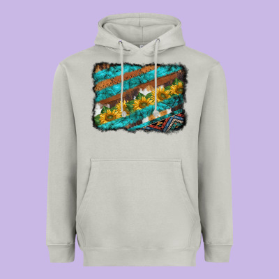 Western Aztec Sunflowers Turquoise Cowhide Background Heavyweight Hoodie Designed By Barkaloodesign